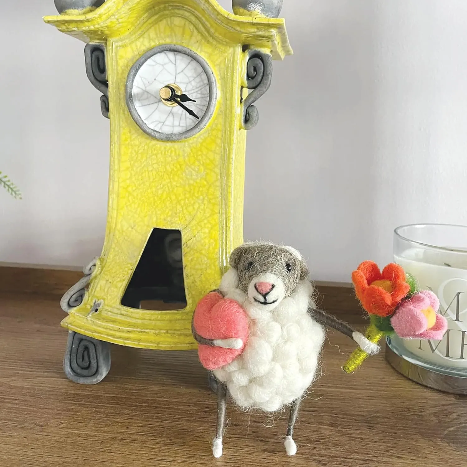 | Hand-Felted Heart and Flowers Sheep | Organic Wool Home Decor | Fair Trade Plush Animal Ornament | Gift for Any Occasion | Perfect for New Spaces & Home Accessories