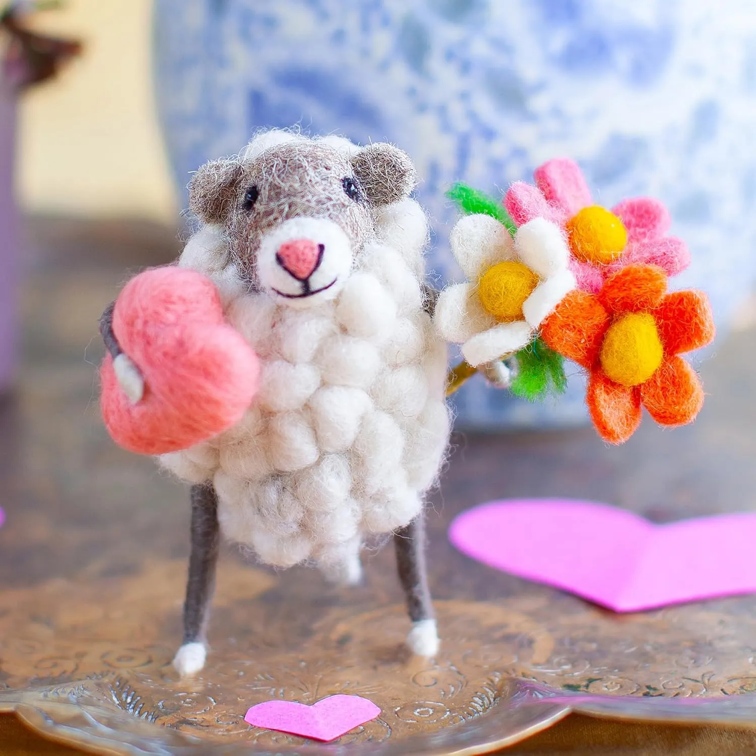 | Hand-Felted Heart and Flowers Sheep | Organic Wool Home Decor | Fair Trade Plush Animal Ornament | Gift for Any Occasion | Perfect for New Spaces & Home Accessories