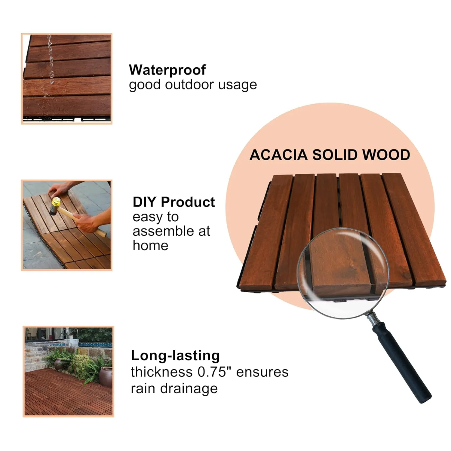 10 PCS Interlocking Deck Tiles, Solid Wood Patio Flooring Outdoor Waterproof, 12"x12"x0.8" Acacia Wood Tiles, Patio Tiles for Garden,Porch,Balcony,Poolside（Stripe & Brown）