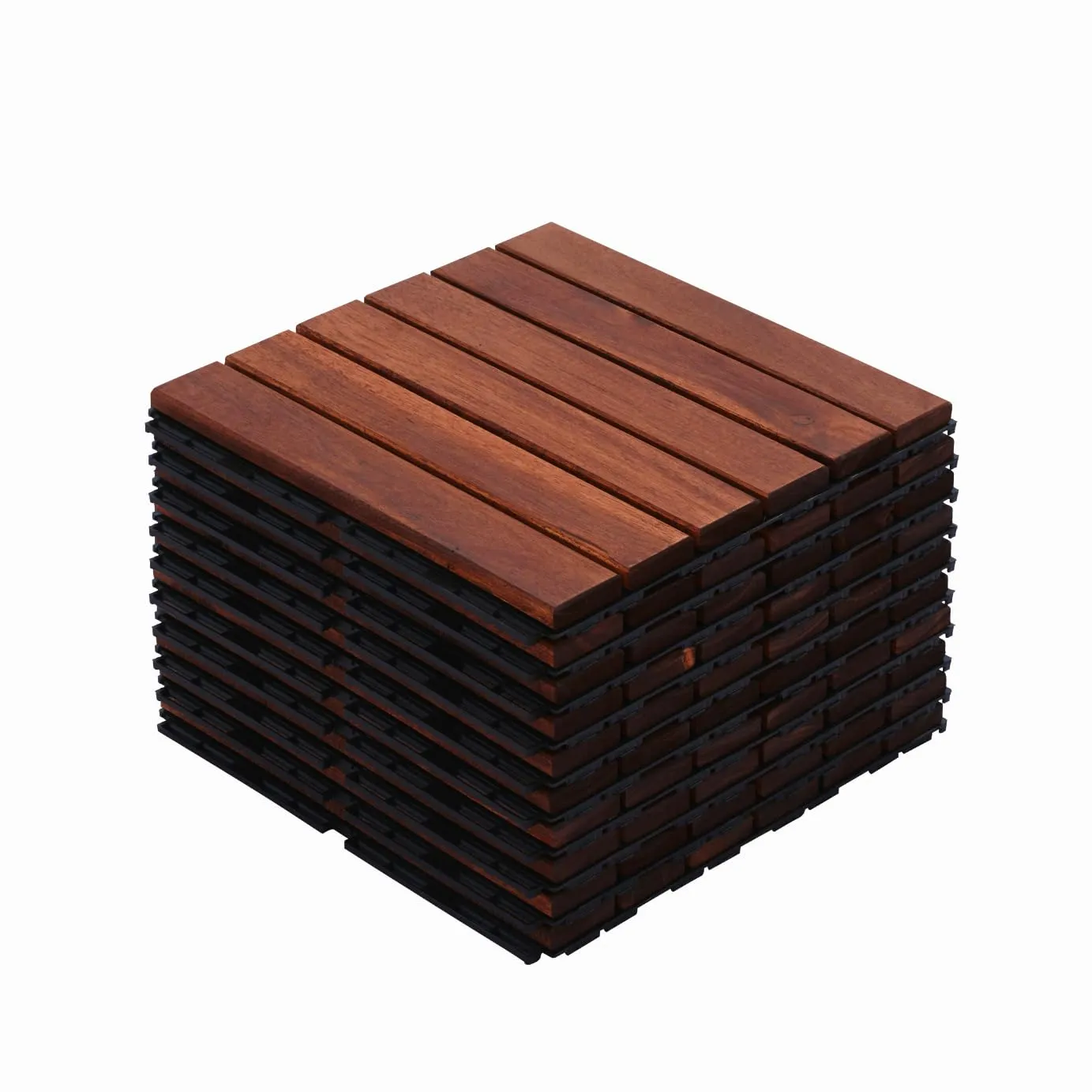 10 PCS Interlocking Deck Tiles, Solid Wood Patio Flooring Outdoor Waterproof, 12"x12"x0.8" Acacia Wood Tiles, Patio Tiles for Garden,Porch,Balcony,Poolside（Stripe & Brown）