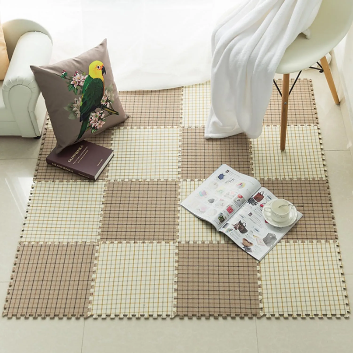 10 Pcs Plaid Interlocking Foam Mats Cotton Linen Foam Floor Mats Bohemian Style Interlocking Carpet Tiles for Home Gym, Floor Protection, Yoga, Fitness, Playroom, Exercise (Plaid Brown)