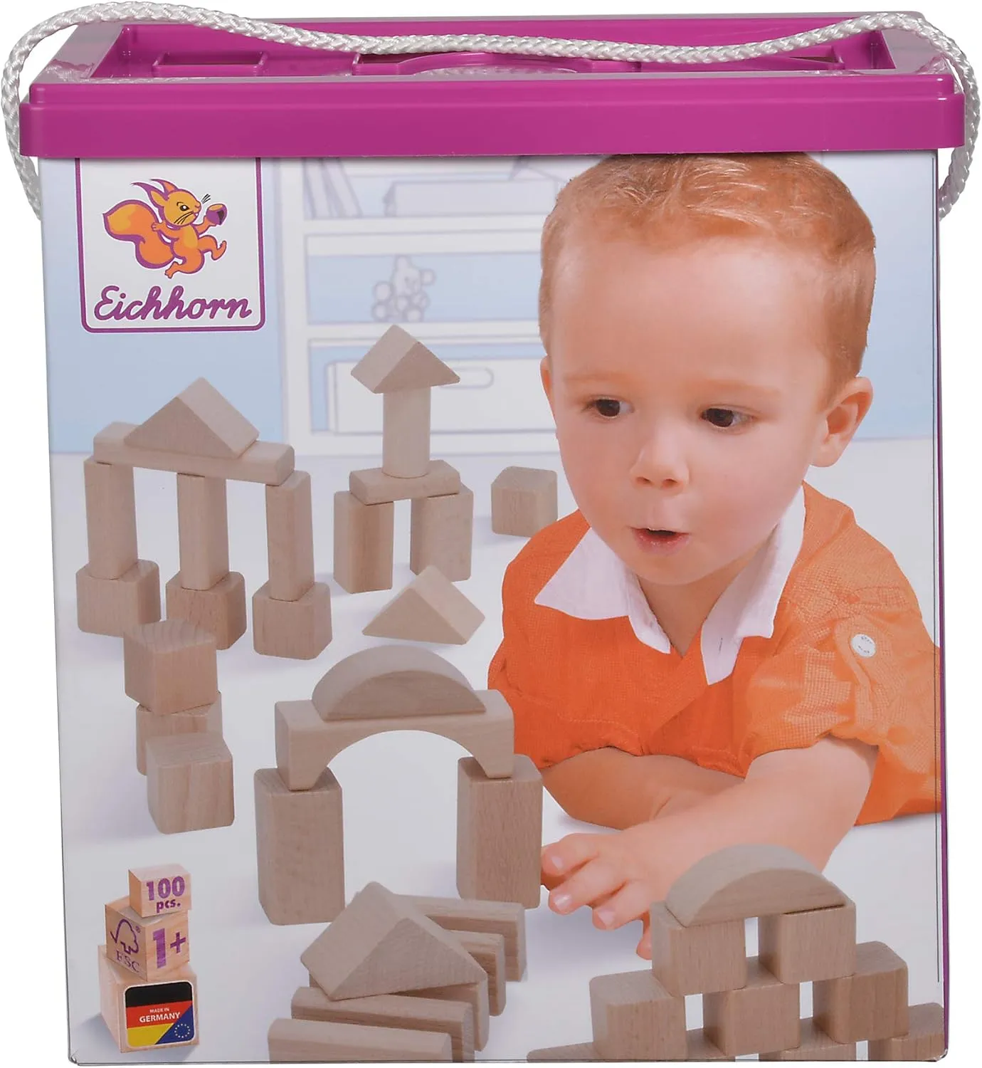 100010141 100 Natural Wooden Building Blocks in Storage Box with Cord and Sorting Lid, for Children from 1 Year