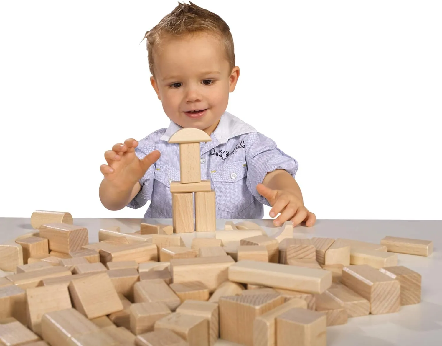 100010141 100 Natural Wooden Building Blocks in Storage Box with Cord and Sorting Lid, for Children from 1 Year