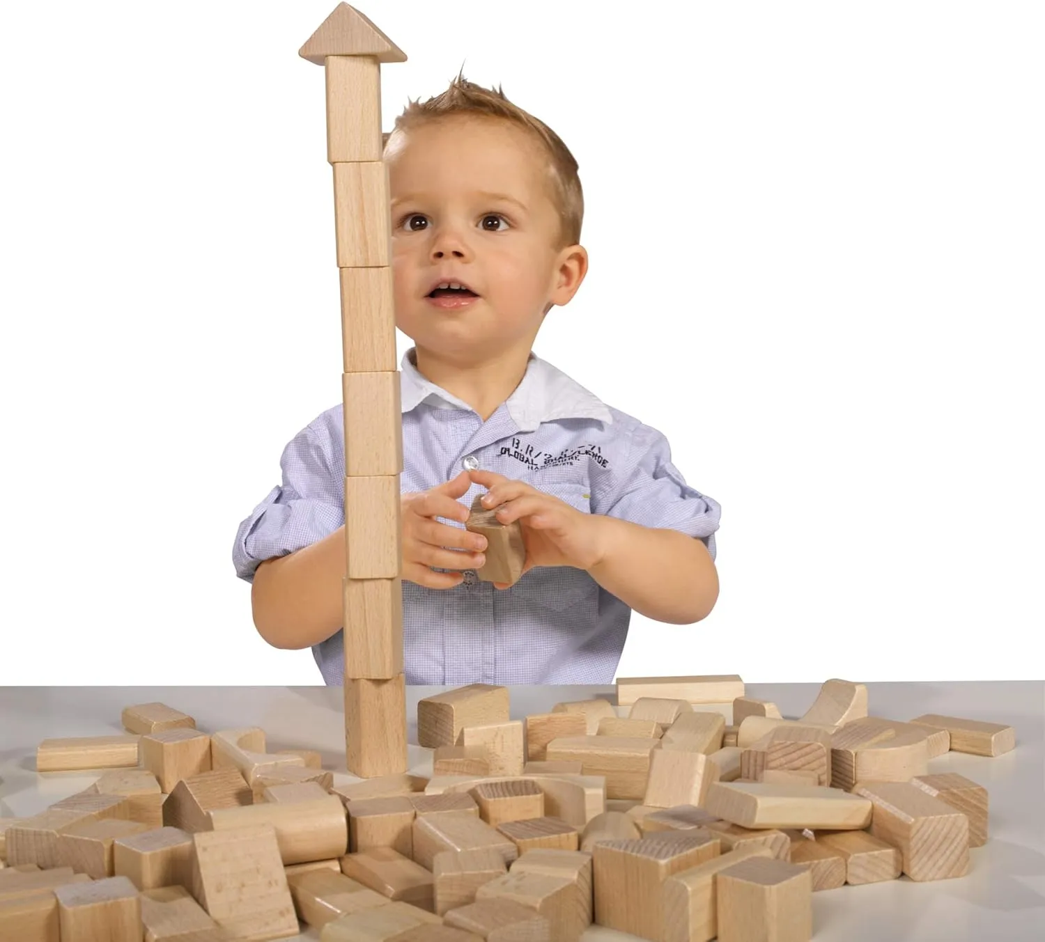 100010141 100 Natural Wooden Building Blocks in Storage Box with Cord and Sorting Lid, for Children from 1 Year