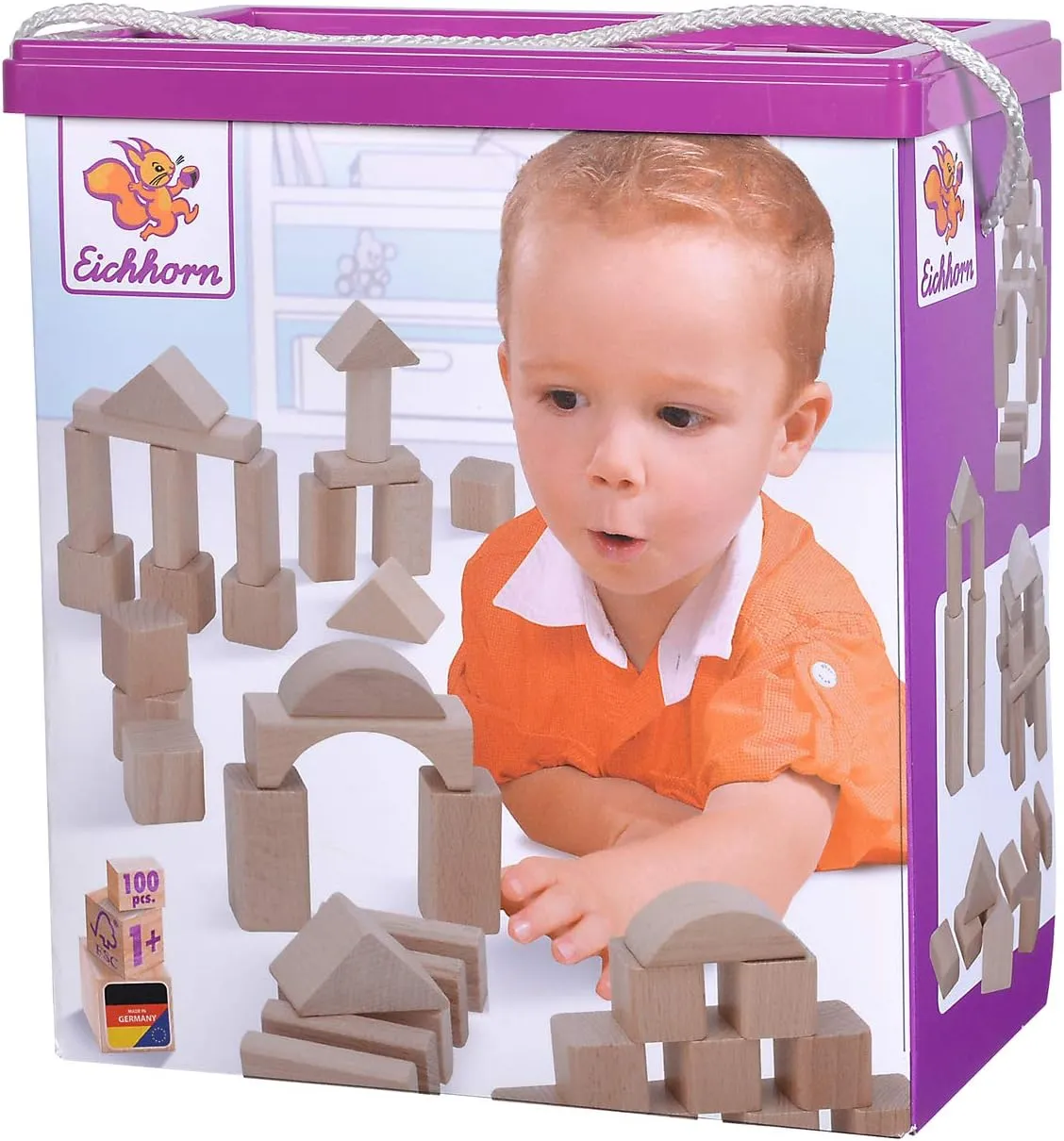 100010141 100 Natural Wooden Building Blocks in Storage Box with Cord and Sorting Lid, for Children from 1 Year