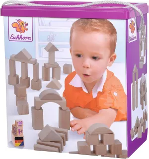 100010141 100 Natural Wooden Building Blocks in Storage Box with Cord and Sorting Lid, for Children from 1 Year