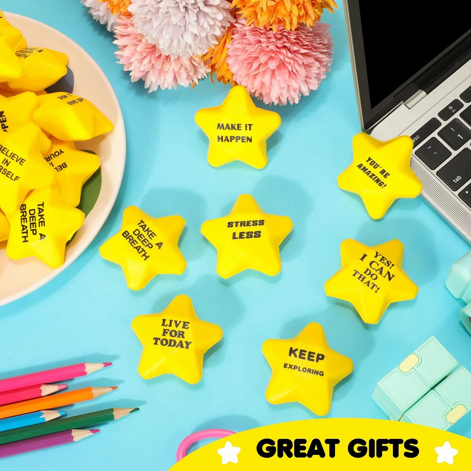 100 Pcs Motivational Star Stress Balls Bulk Anxiety Stress Relief Balls Inspirational Mini Foam Star Toys Stuff for Adults Prizes Gifts Fidget Toys Party Supplies, Yellow (10 Style)
