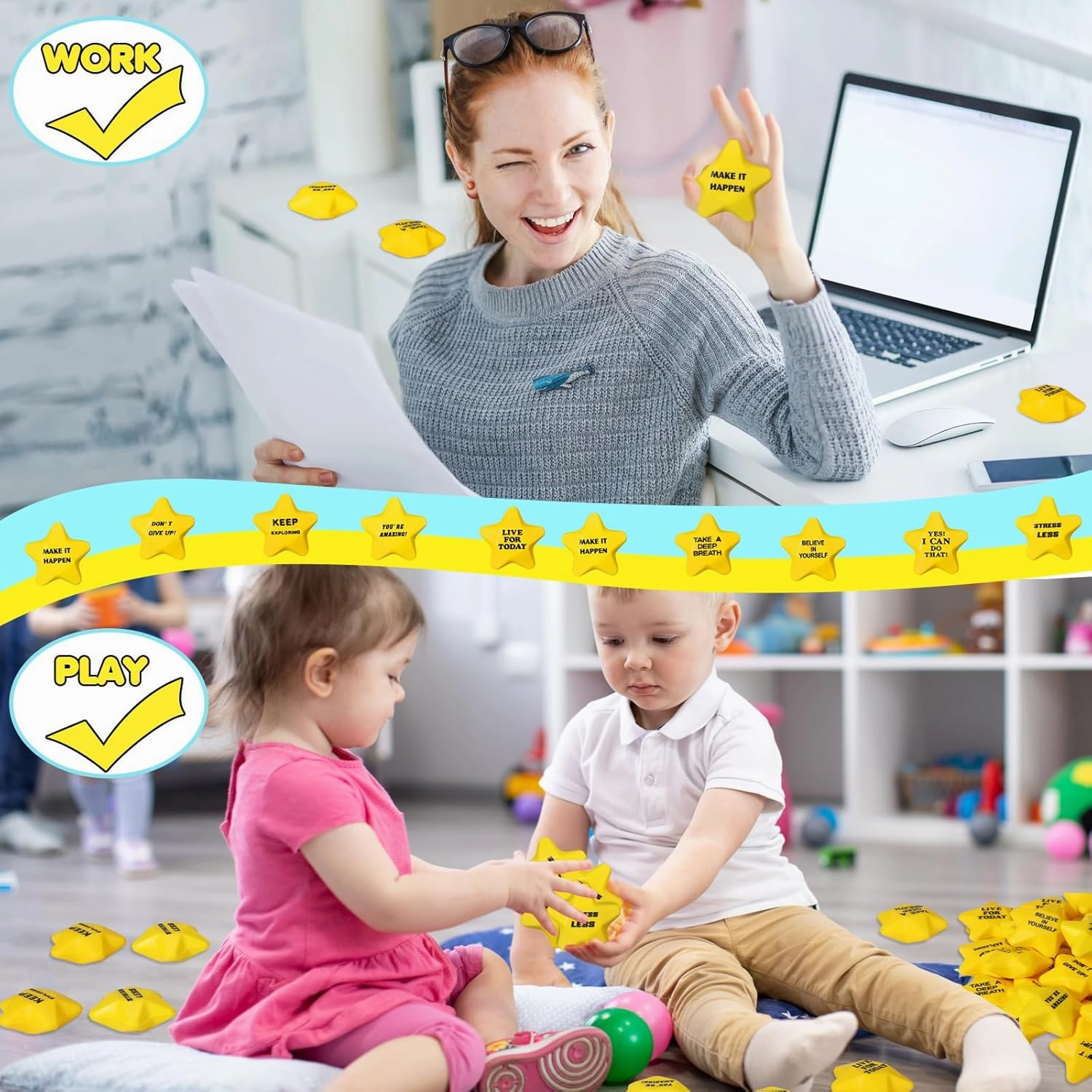 100 Pcs Motivational Star Stress Balls Bulk Anxiety Stress Relief Balls Inspirational Mini Foam Star Toys Stuff for Adults Prizes Gifts Fidget Toys Party Supplies, Yellow (10 Style)