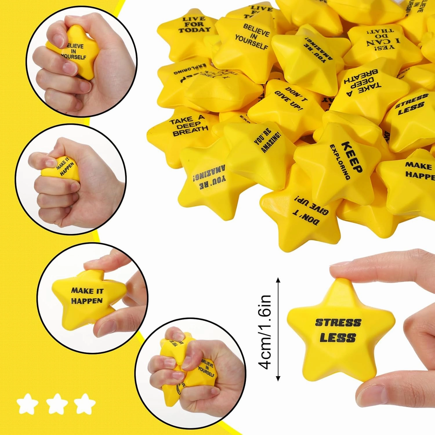 100 Pcs Motivational Star Stress Balls Bulk Anxiety Stress Relief Balls Inspirational Mini Foam Star Toys Stuff for Adults Prizes Gifts Fidget Toys Party Supplies, Yellow (10 Style)