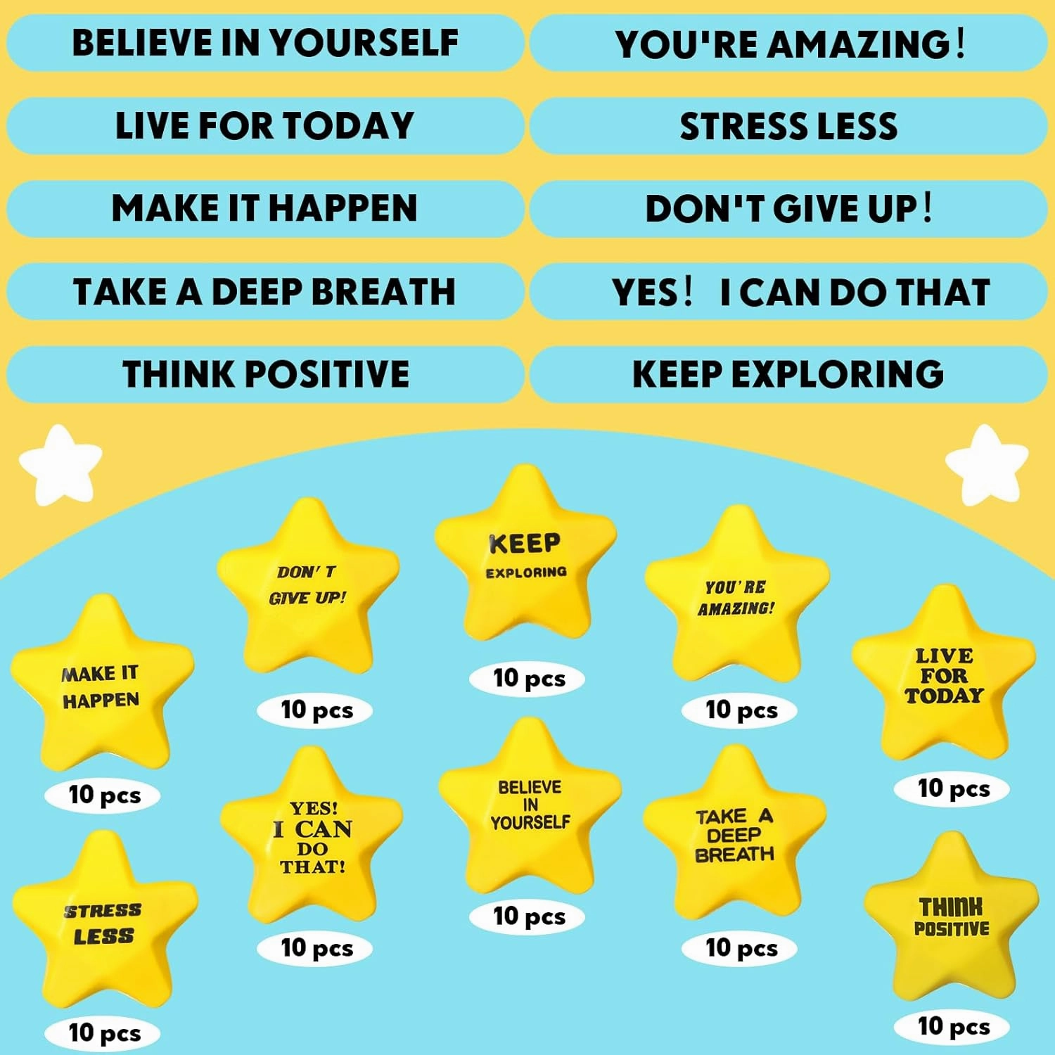 100 Pcs Motivational Star Stress Balls Bulk Anxiety Stress Relief Balls Inspirational Mini Foam Star Toys Stuff for Adults Prizes Gifts Fidget Toys Party Supplies, Yellow (10 Style)