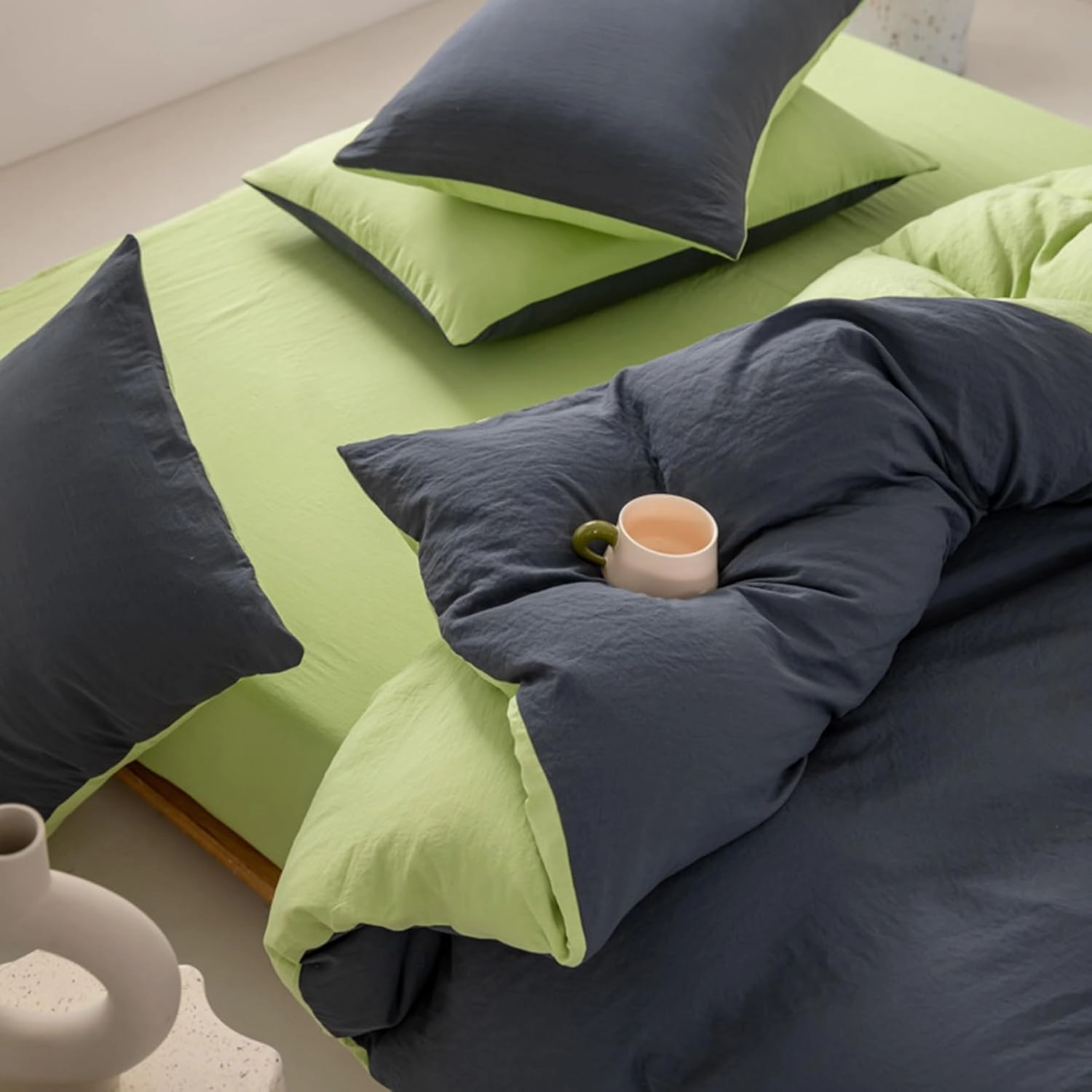 100% Washed Cotton Duvet Cover Set King Size, Soft Linen Feel Comforter Cover Set, Simple Double Solid Color Bedding Set, with Zipper Closure All-Season,White,Twin