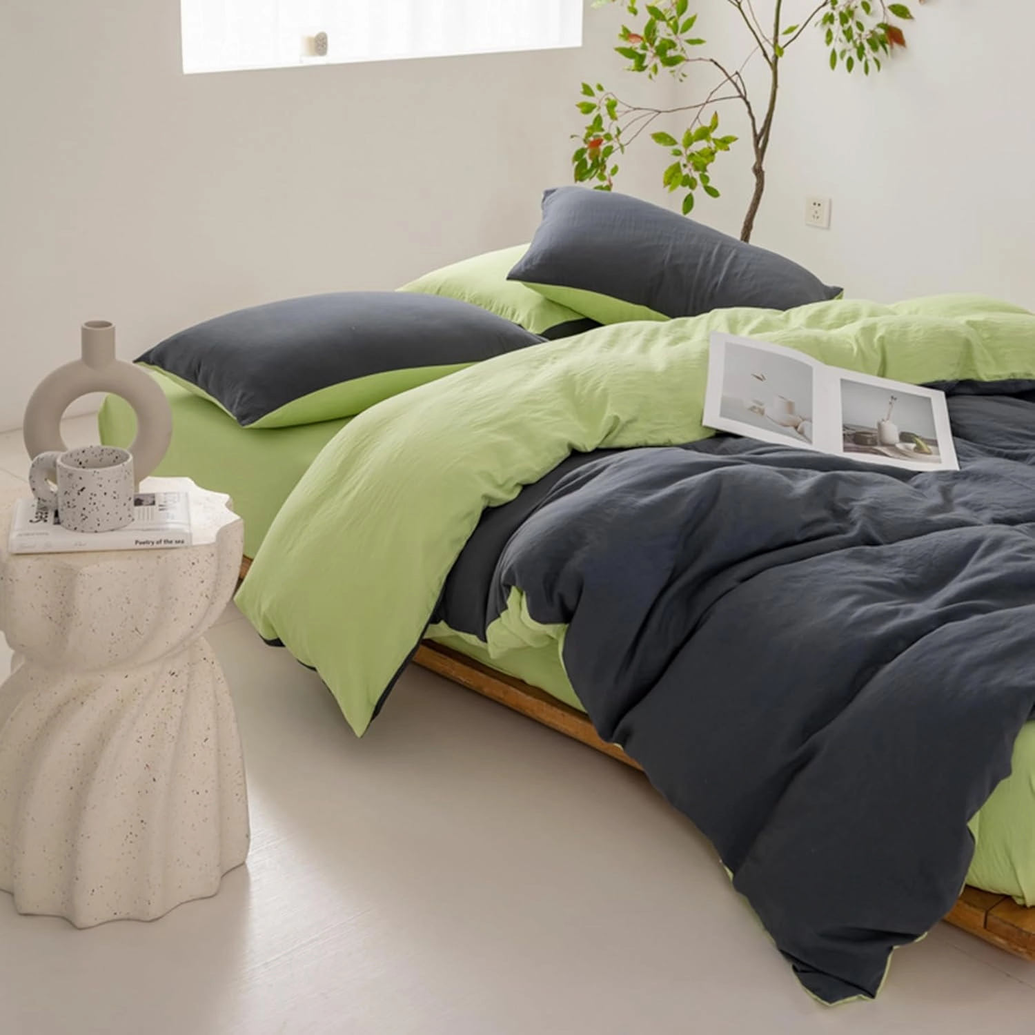 100% Washed Cotton Duvet Cover Set King Size, Soft Linen Feel Comforter Cover Set, Simple Double Solid Color Bedding Set, with Zipper Closure All-Season,White,Twin