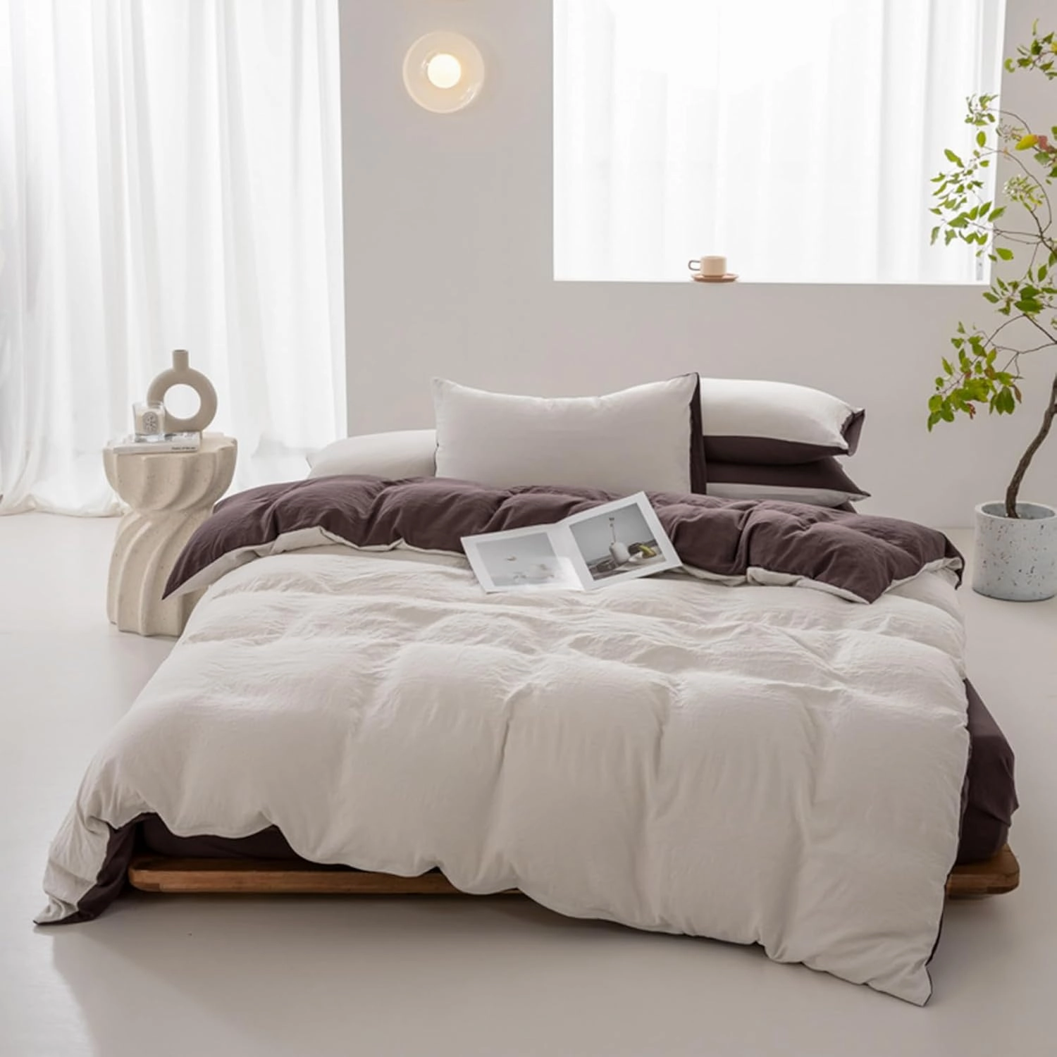 100% Washed Cotton Duvet Cover Set King Size, Soft Linen Feel Comforter Cover Set, Simple Double Solid Color Bedding Set, with Zipper Closure All-Season,White,Twin