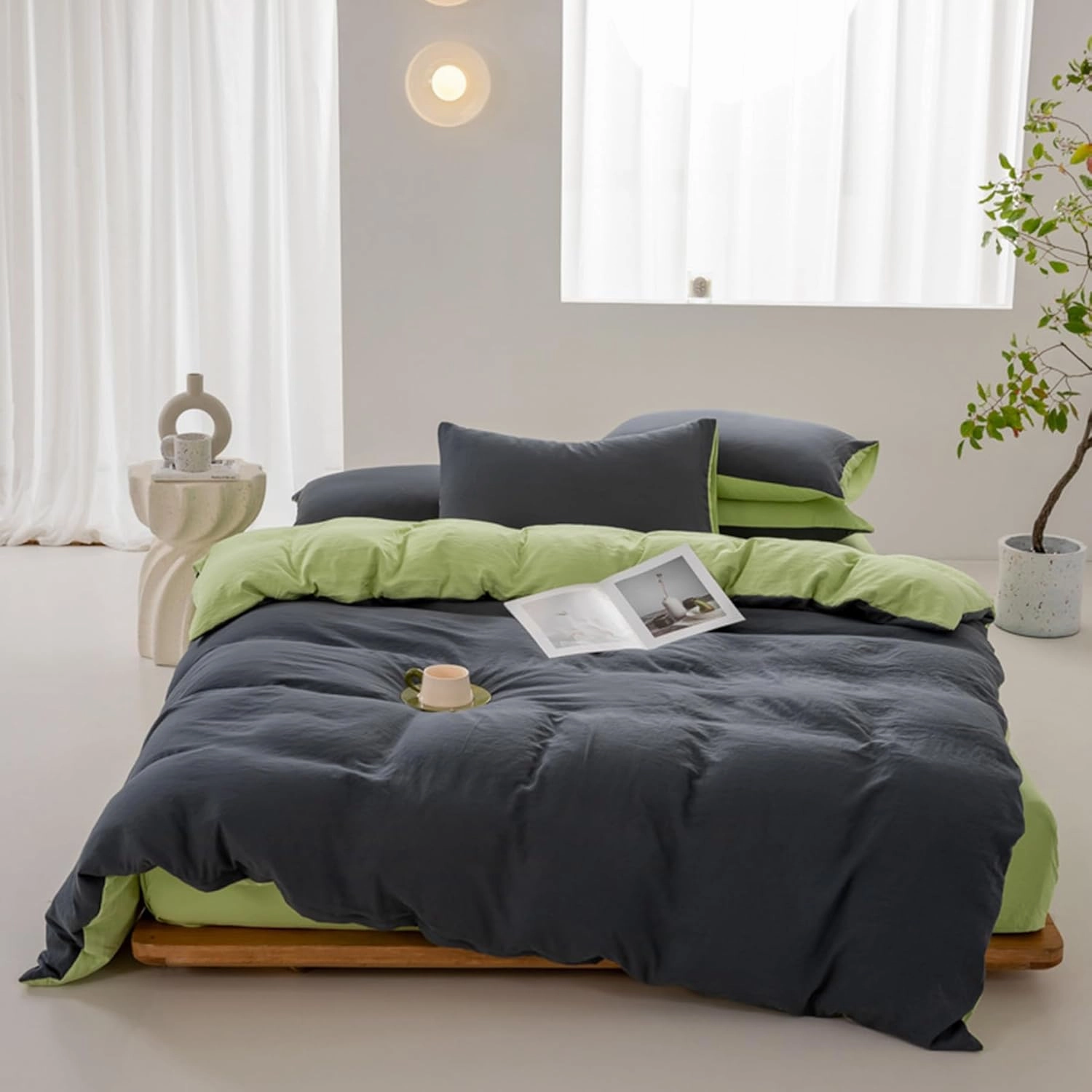 100% Washed Cotton Duvet Cover Set King Size, Soft Linen Feel Comforter Cover Set, Simple Double Solid Color Bedding Set, with Zipper Closure All-Season,White,Twin