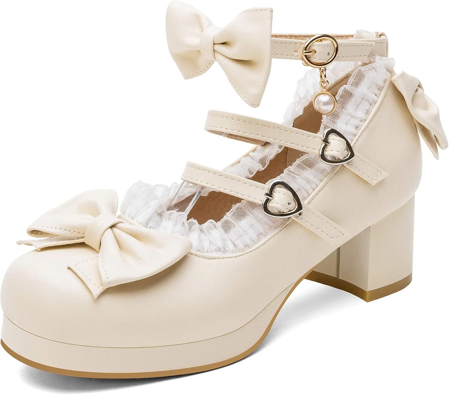 100FIXEO Women's Kawaii Platform Ankle Strap Chunky Heel Mary Jane Pumps Cute Closed Toe Goth Strappy Bow Lace Party Dress Shoes (Beige, 8)