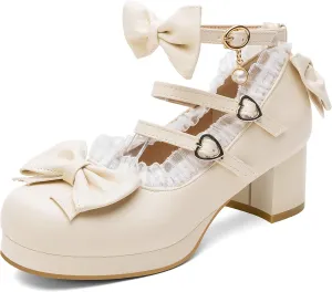 100FIXEO Women's Kawaii Platform Ankle Strap Chunky Heel Mary Jane Pumps Cute Closed Toe Goth Strappy Bow Lace Party Dress Shoes (Beige, 8)