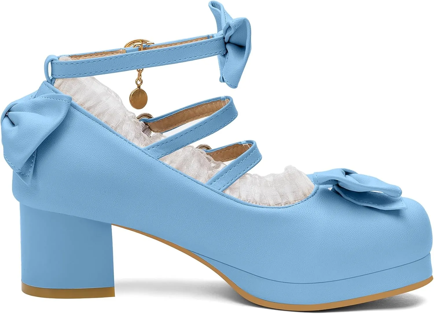 100FIXEO Women's Kawaii Platform Ankle Strap Chunky Heel Mary Jane Pumps Cute Closed Toe Goth Strappy Bow Lace Party Dress Shoes