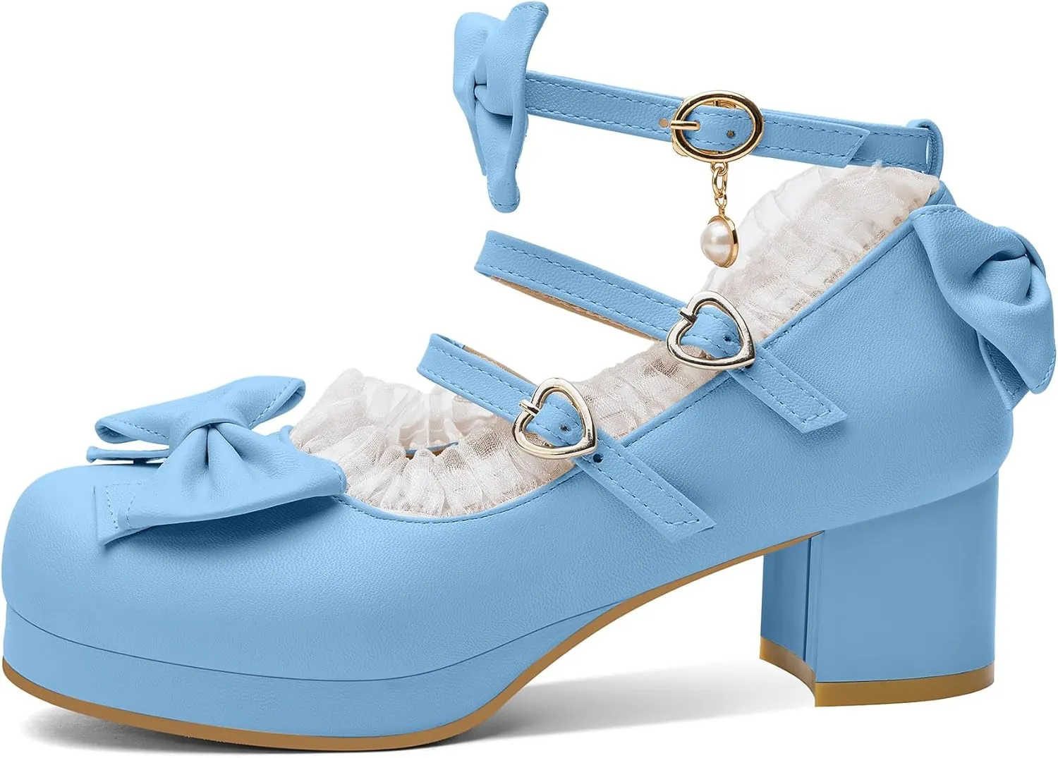 100FIXEO Women's Kawaii Platform Ankle Strap Chunky Heel Mary Jane Pumps Cute Closed Toe Goth Strappy Bow Lace Party Dress Shoes