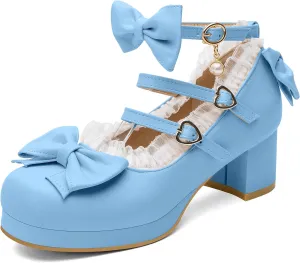 100FIXEO Women's Kawaii Platform Ankle Strap Chunky Heel Mary Jane Pumps Cute Closed Toe Goth Strappy Bow Lace Party Dress Shoes