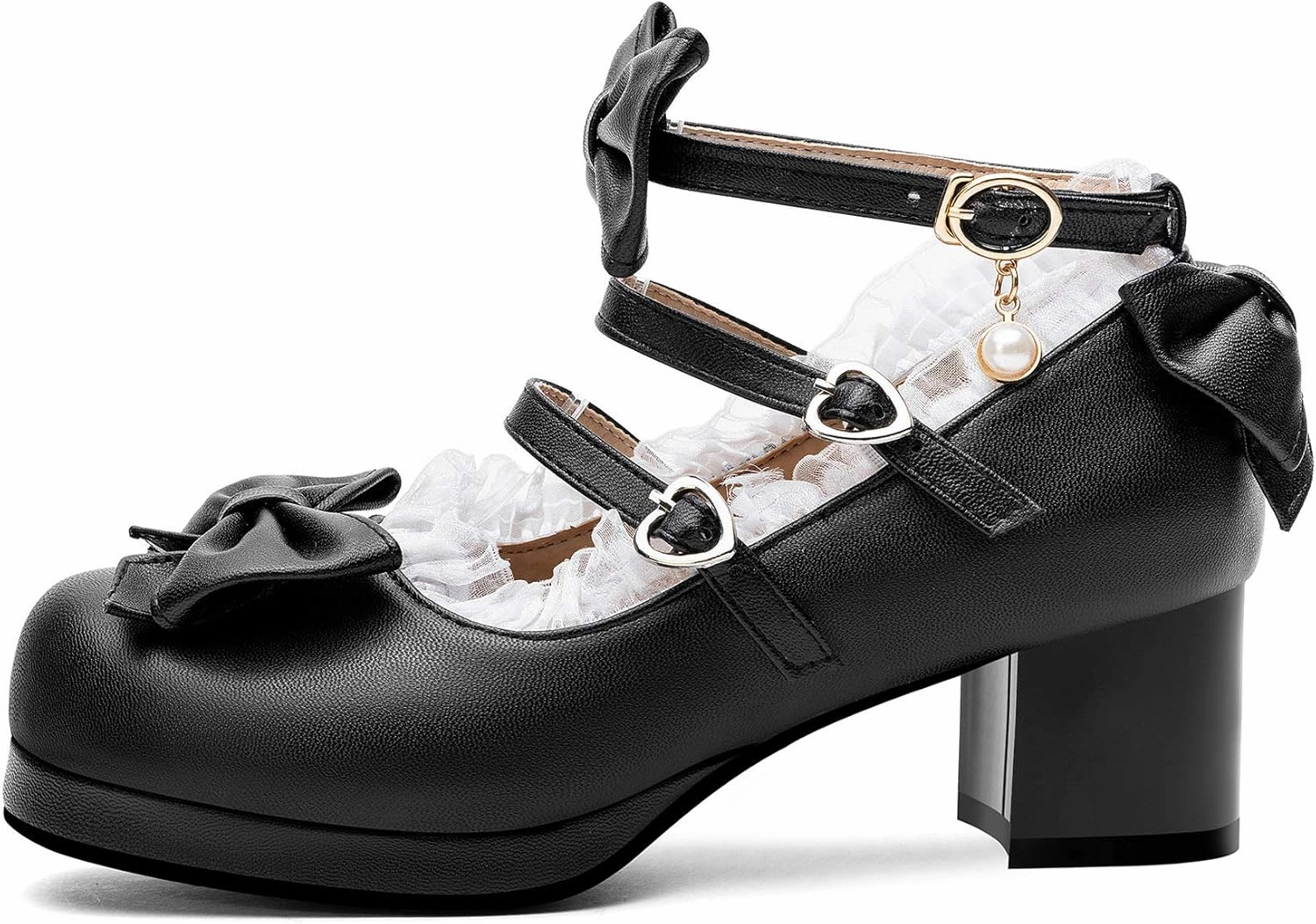 100FIXEO Women's Kawaii Platform Ankle Strap Chunky Heel Mary Jane Pumps Cute Closed Toe Goth Strappy Bow Lace Party Dress Shoes