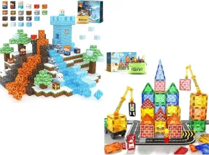 100PCS Magnetic Blocks & Magnetic Tiles Road Set with Magnet Crane