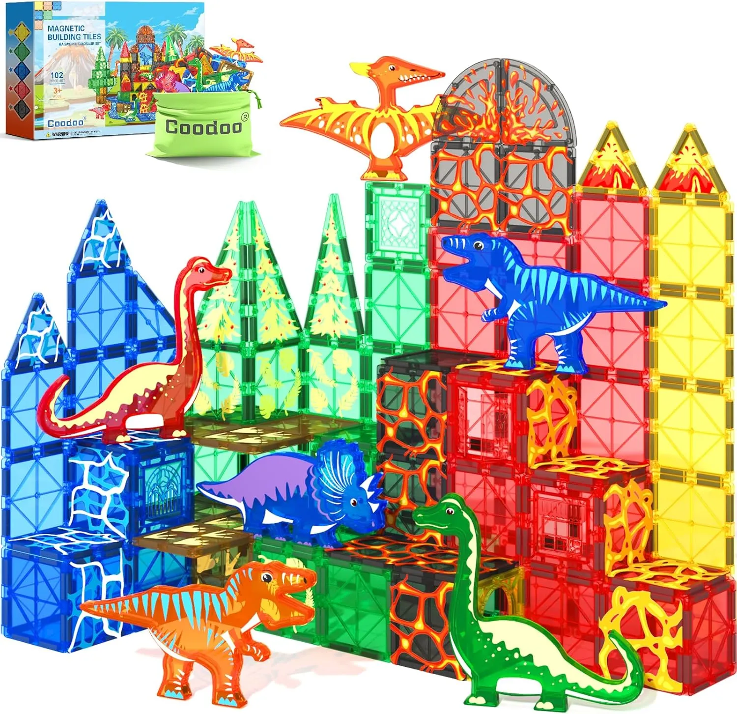 102PCS Dinosaur Toys Magnetic Tiles with 8 Dinosaurs - Jurassic Scenes Dinosaur World Adventure Set, Magnetic Blocks Kids Toys for Boys & Girls Ages 3 , Sensory Toddler Creative Kids Games Gifts