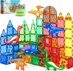 102PCS Dinosaur Toys Magnetic Tiles with 8 Dinosaurs - Jurassic Scenes Dinosaur World Adventure Set, Magnetic Blocks Kids Toys for Boys & Girls Ages 3 , Sensory Toddler Creative Kids Games Gifts