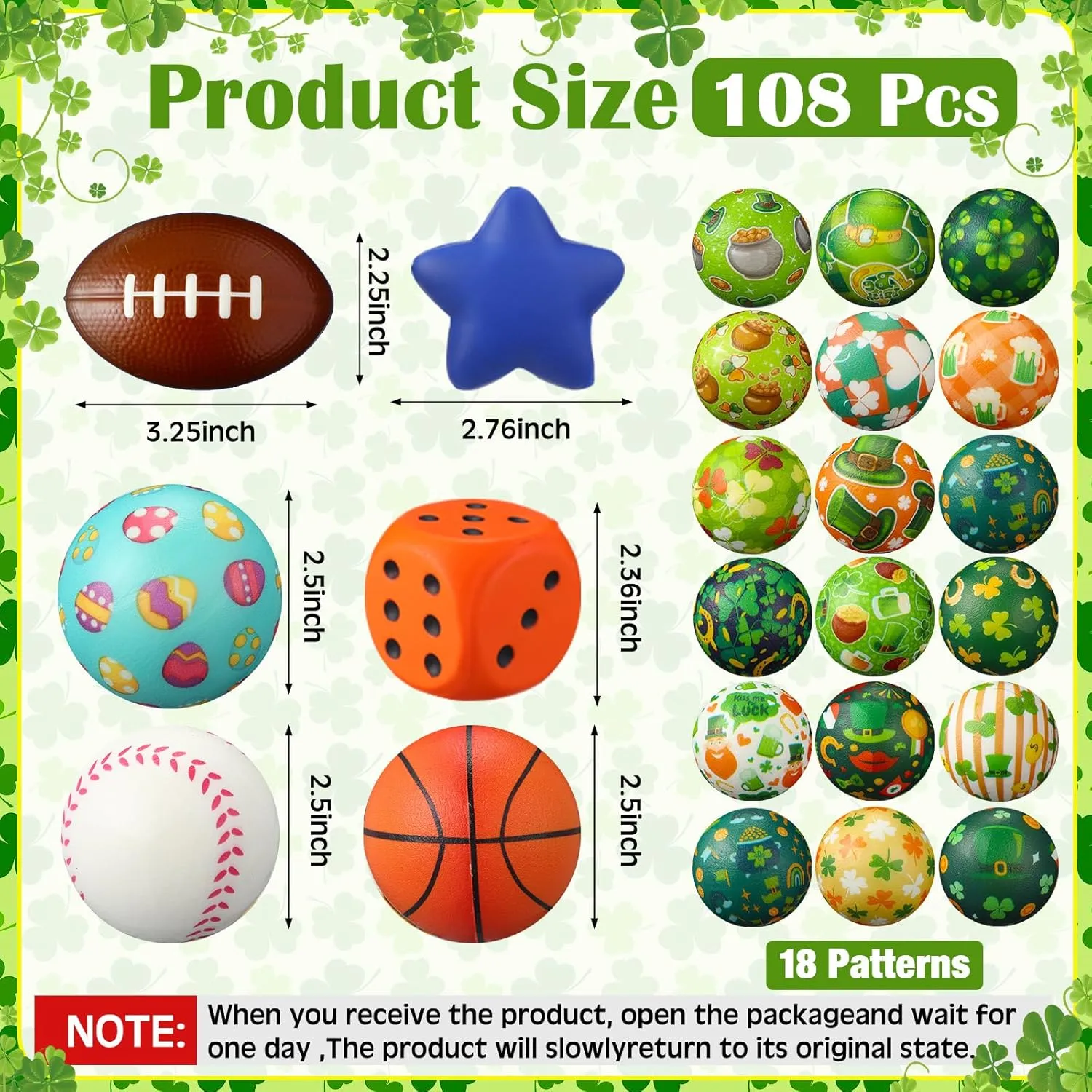 108 Pcs St. Patrick's Day Stress Balls Bulk Shamrock Clover Green Sport Balls Squeeze Balls Stress Relief Fidget Mini Foam Toy Basket Goodie Stuffers Gift for Irish Party Favor Kids Adults