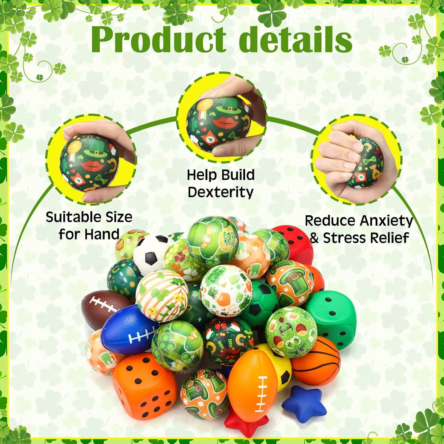 108 Pcs St. Patrick's Day Stress Balls Bulk Shamrock Clover Green Sport Balls Squeeze Balls Stress Relief Fidget Mini Foam Toy Basket Goodie Stuffers Gift for Irish Party Favor Kids Adults