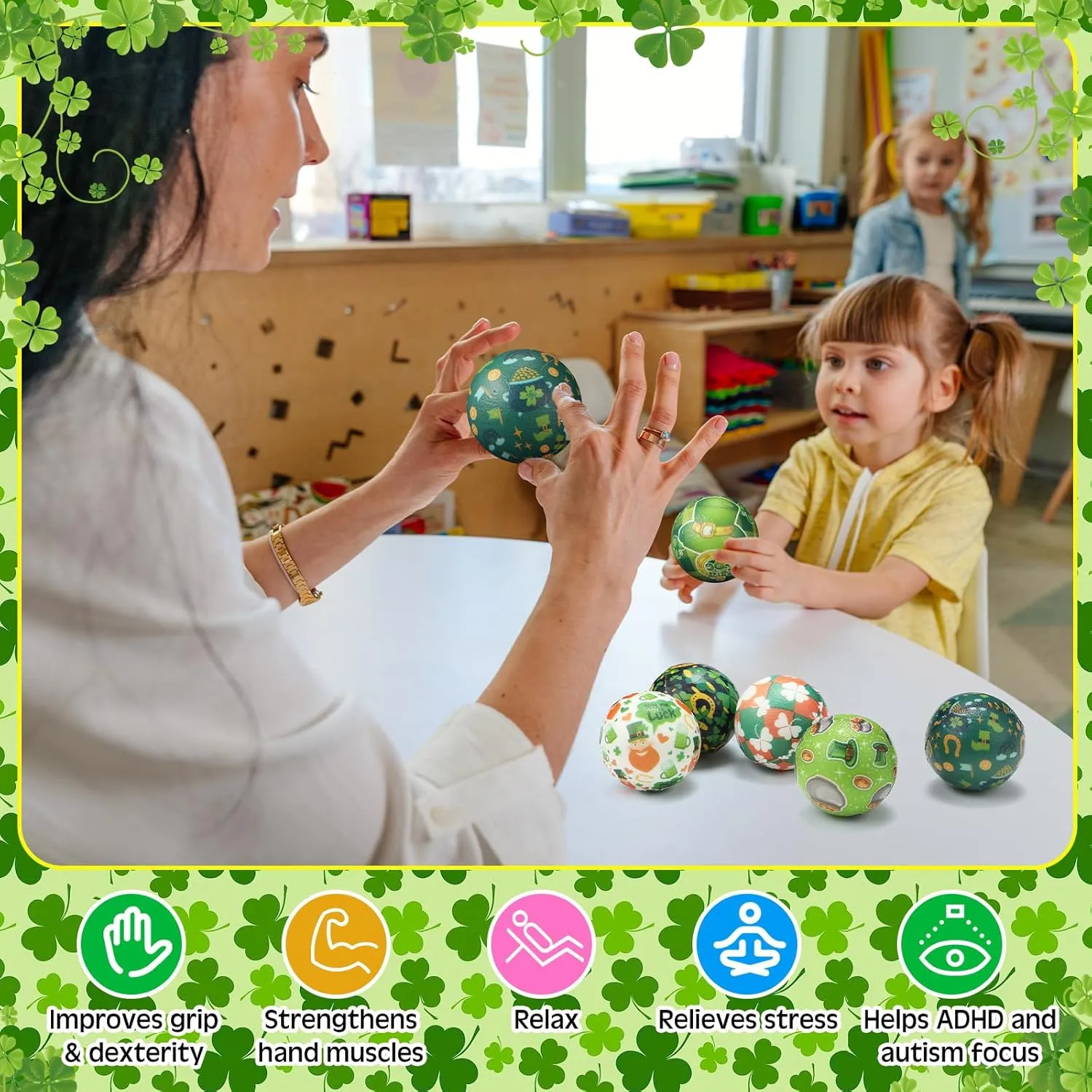 108 Pcs St. Patrick's Day Stress Balls Bulk Shamrock Clover Green Sport Balls Squeeze Balls Stress Relief Fidget Mini Foam Toy Basket Goodie Stuffers Gift for Irish Party Favor Kids Adults