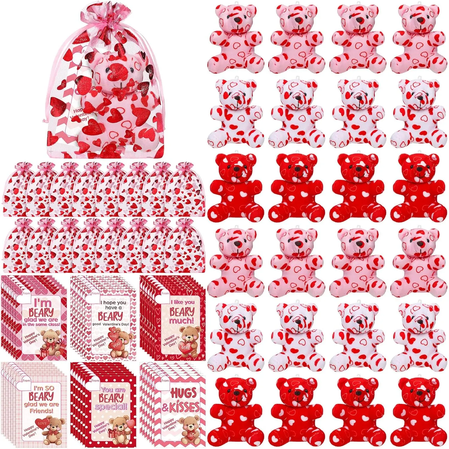 108 Pcs Valentines Day Mini Plush Bear with Greeting Cards and Organza Bags Heart Pattern Love Bears for Valentines Day Gifts Exchange Cards Stuffed School Classroom Prize Party Favors