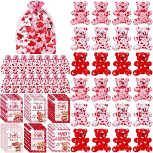 108 Pcs Valentines Day Mini Plush Bear with Greeting Cards and Organza Bags Heart Pattern Love Bears for Valentines Day Gifts Exchange Cards Stuffed School Classroom Prize Party Favors