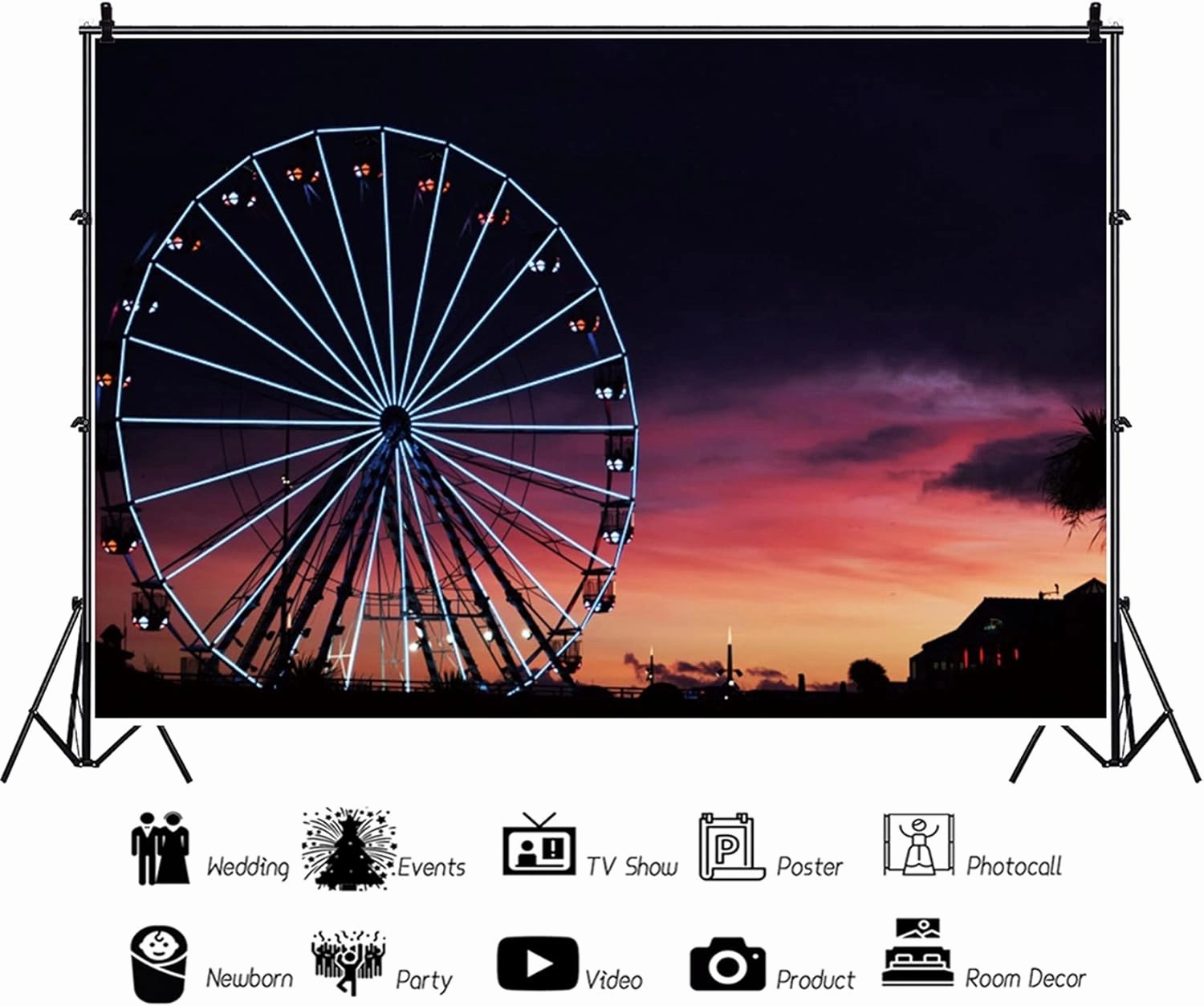 10x7ft Cityscape Night Ferris Wheel Photography Backdrop Seaside Sunset Landscape Background Baby Shower Wedding Party Decoration Banner Supplies Photobooth Vinyl Studio Props