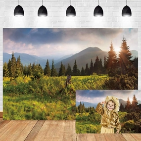10x8ft Nature Landscape Backdrop Mountain Forest Pine Trees Background for Photography Green Spring Scenery Outdoor Picnic Travel Theme Video Shooting Adventure Party Banner Studio Props