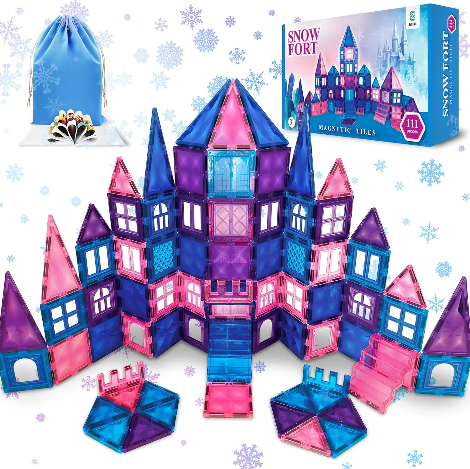 111 pcs Magnetic Tiles - 3D Diamond Building Blocks, STEM Educational Toys for Kids, Perfect for Pretend Play, Birthday Gifts for 3-8 Year Old Girls and Boys, Free Bag Included