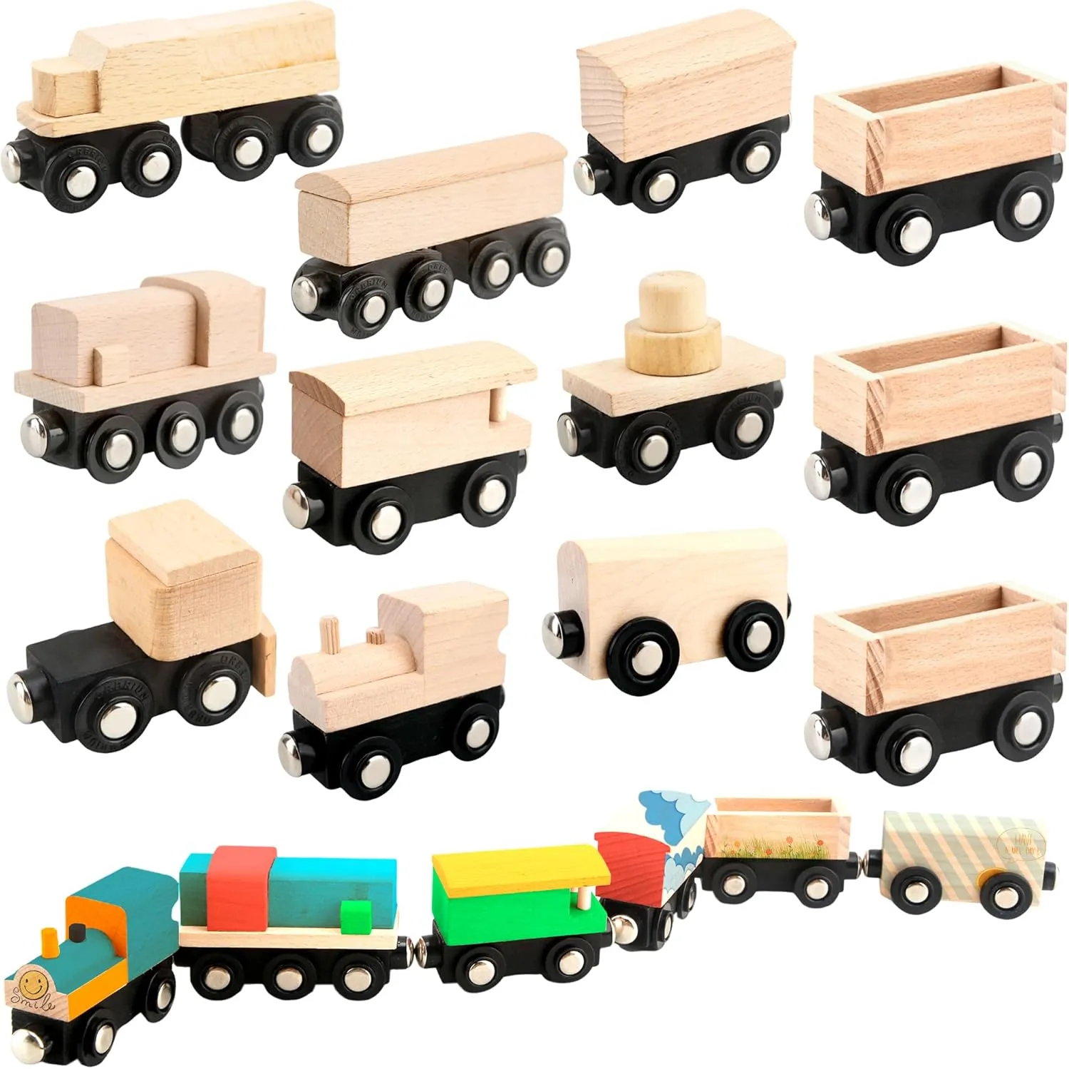 12 Pcs Unpainted Magnetic Wooden Train Magnetic Wooden Train DIY Wooden Train Cars to Paint for Railway Paint Project Train Theme Birthday Party Favors Crafts Supplies (Color Style 2)