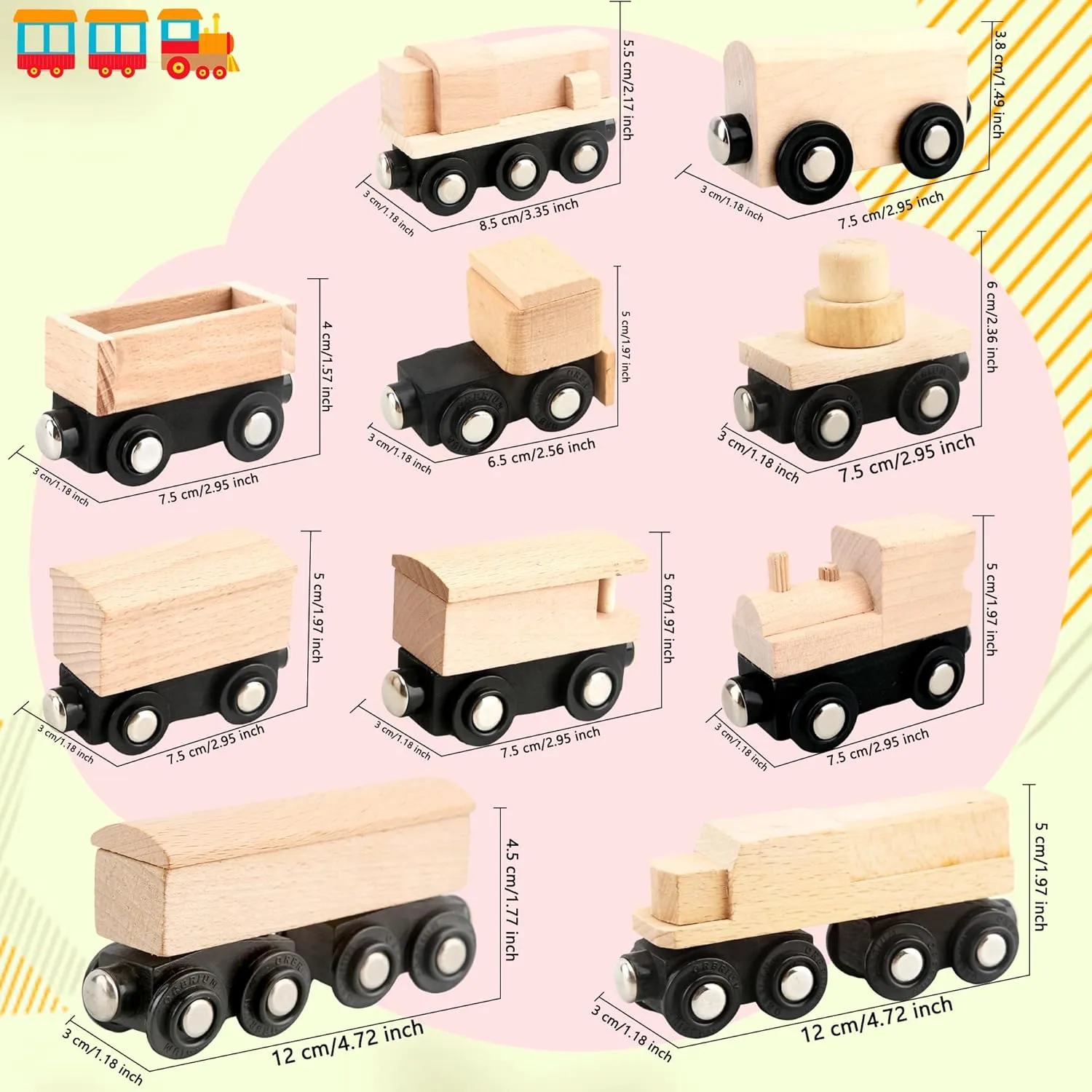 12 Pcs Unpainted Magnetic Wooden Train Magnetic Wooden Train DIY Wooden Train Cars to Paint for Railway Paint Project Train Theme Birthday Party Favors Crafts Supplies (Color Style 2)