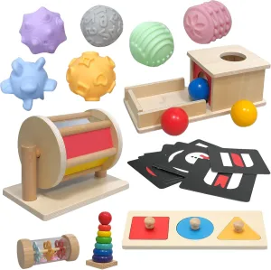 12 Pcs Wooden Baby Toys Set, Object Permanence Box, Rainbow Drum, Colorful Multiple Shape Puzzles Toys, Preschool Toys Set for 6-12 Month Infant 1 2 3 Year Old Toddlers Babies