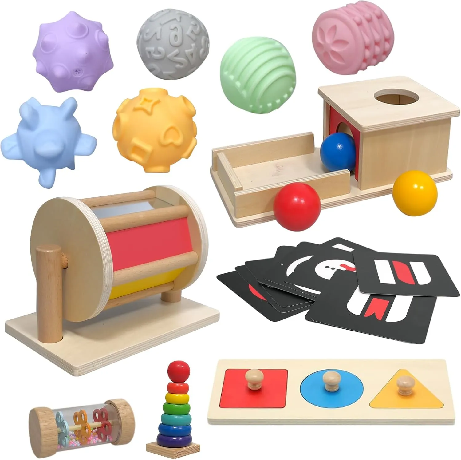 12 Pcs Wooden Baby Toys Set, Object Permanence Box, Rainbow Drum, Colorful Multiple Shape Puzzles Toys, Preschool Toys Set for 6-12 Month Infant 1 2 3 Year Old Toddlers Babies