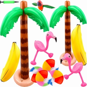 12 Pack Beach Party Inflatable Palm Tree Flamingo Beach Ball Parrot Banana Inflatable for Beach Hawaiian Party Decor Outdoor Activities