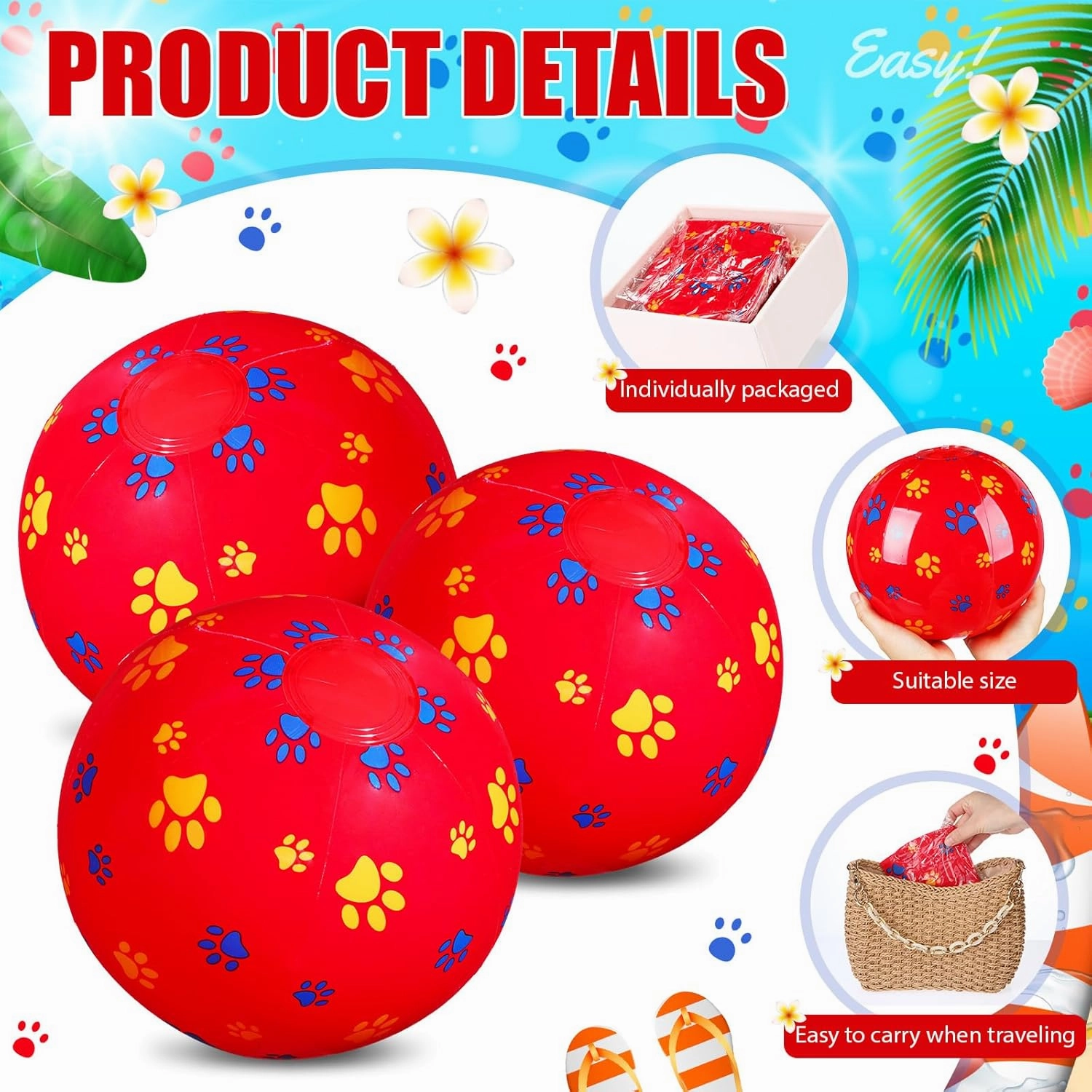 12 Pack Red Dog Paw Themed Beach Ball for Kids 7.87" Bulk for Summer Pool and Beach Game Gifts Red and Dog Birthday Party Supplies and End of The Year Class Party Decorations Favor