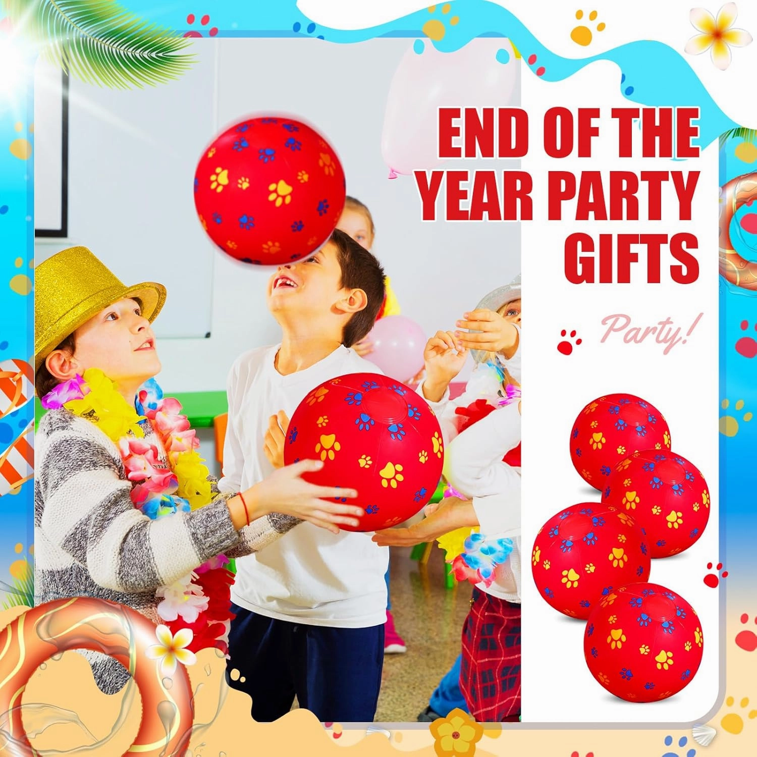 12 Pack Red Dog Paw Themed Beach Ball for Kids 7.87" Bulk for Summer Pool and Beach Game Gifts Red and Dog Birthday Party Supplies and End of The Year Class Party Decorations Favor