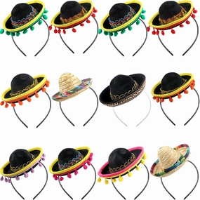 12 Pieces Cinco De Mayo Sombrero Headband Mexican Fiesta Party With Ball Fringe Mini Mexican Hat for Theme Decorations Luau Event Photo Props Party Favors