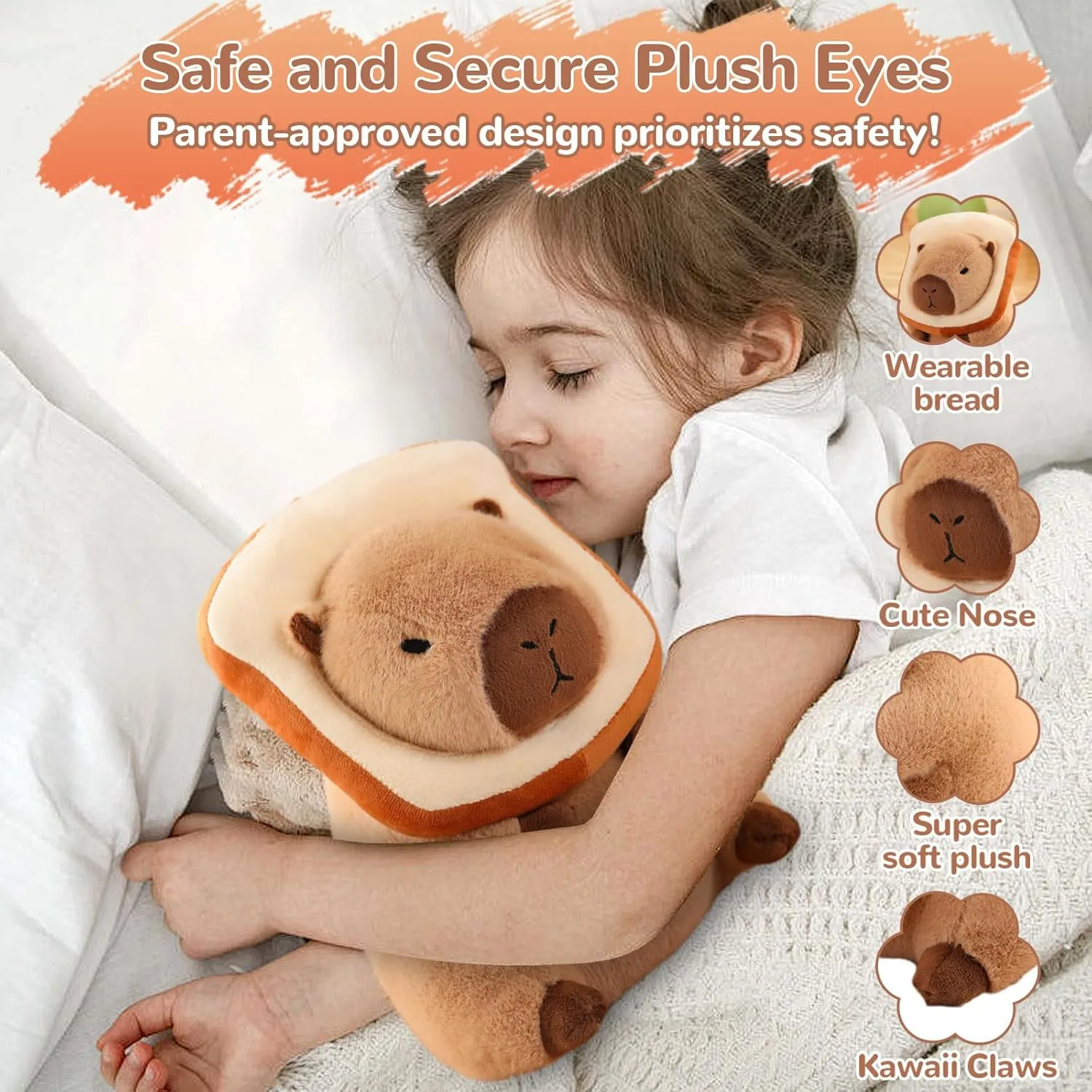 12" Capybara Plush Toy Kawaii, Cute Capybara Stuffed Animal with Wearable Bread, Soft Plushies Doll Bread Pillow for Girls Boys Kids Adults, Birthday Decorations Gifts Toys
