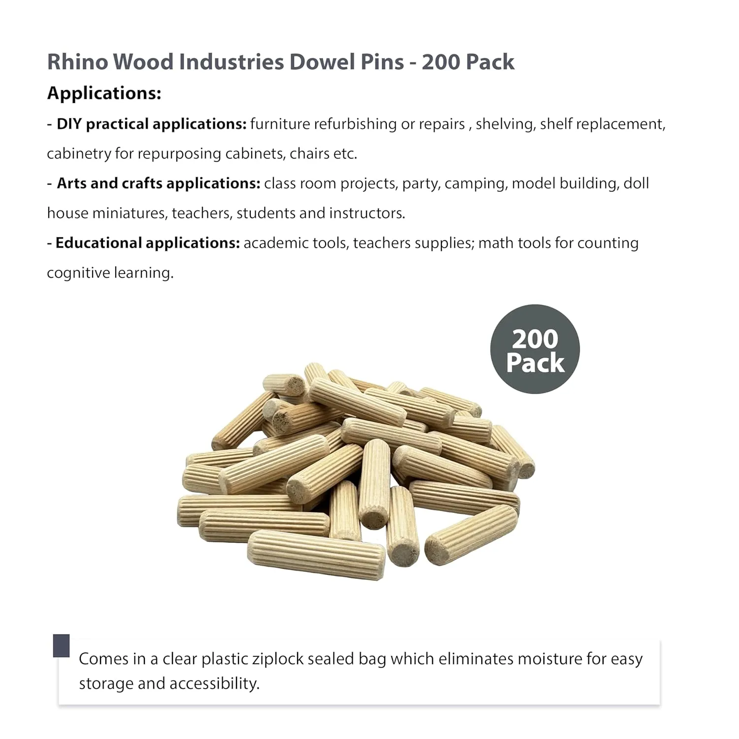 1/2" x 2" - 200 Pack Wooden Dowel Pins - Kiln Dried, Fluted, and Beveled (1/2" x 2", 200pk)