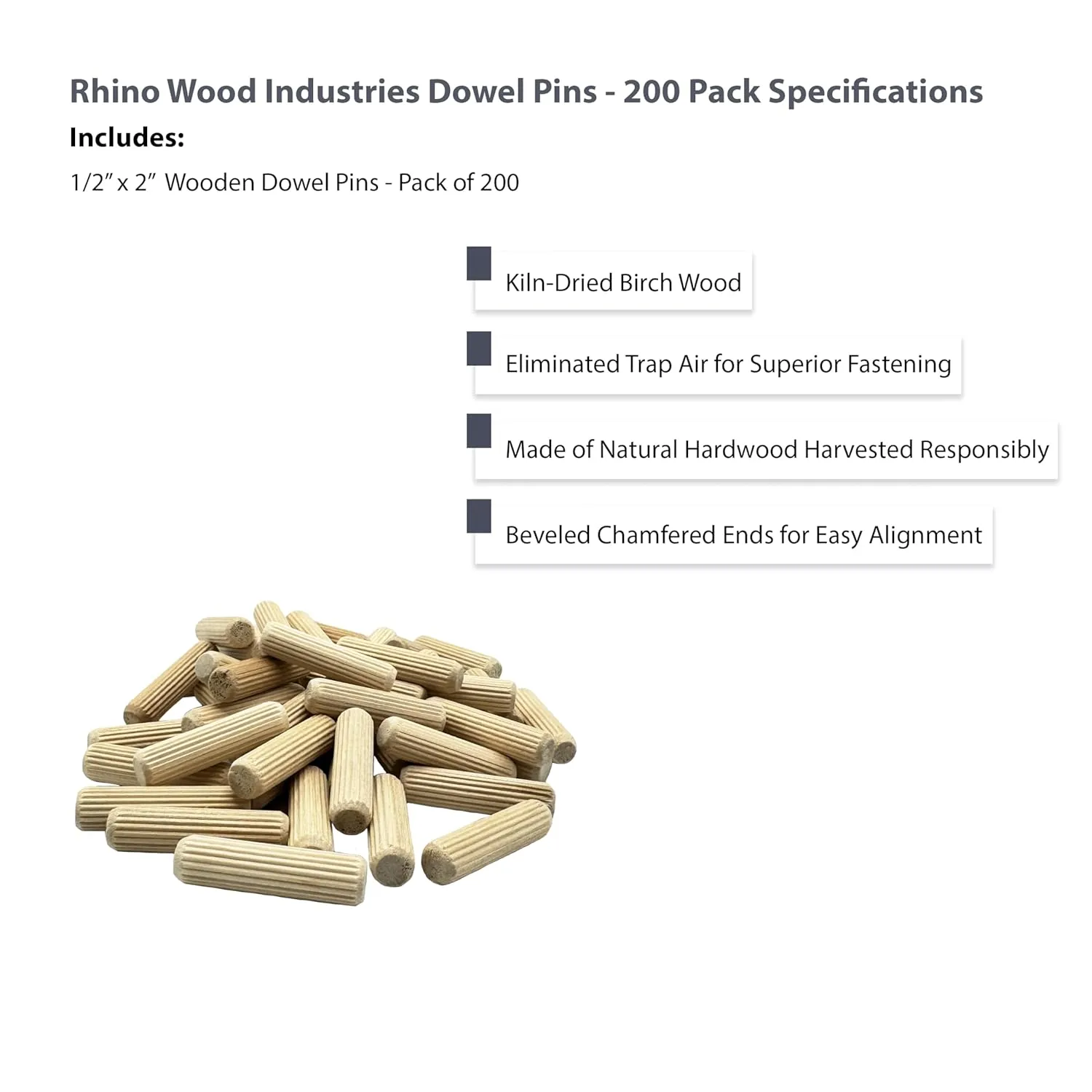 1/2" x 2" - 200 Pack Wooden Dowel Pins - Kiln Dried, Fluted, and Beveled (1/2" x 2", 200pk)