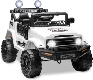 12V Ride on Truck, Battery Powered Electric Car for Kids, Electric Vehicle Toy with Remote Control, 3 Speeds, MP3, Horn, LED Lights, Suspension System, Electric Ride-on Off-Road Car White