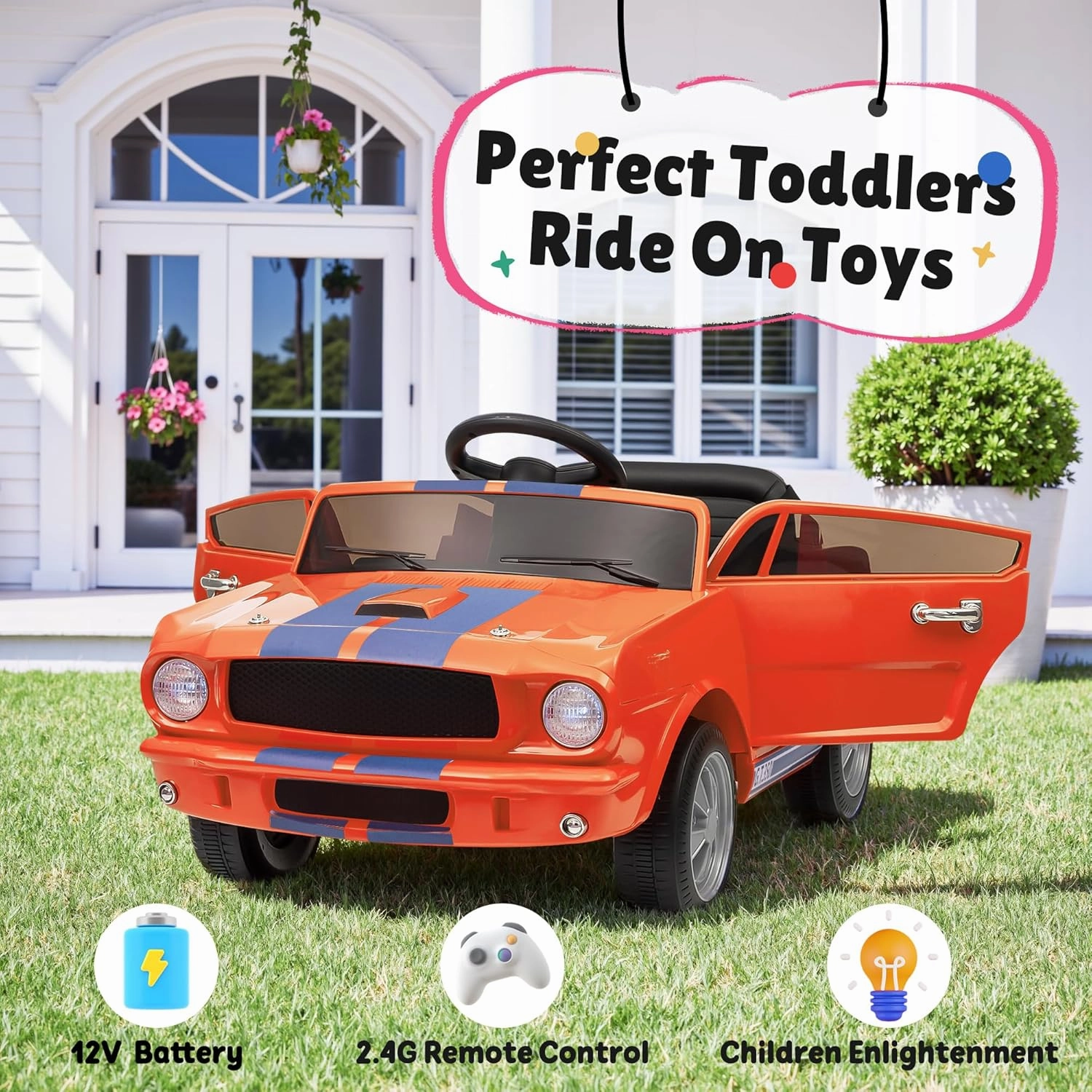 12V Ride on Toys, Licensed Ford Shelby Cobra Toddler Electric Vehicle Ride On Car w/Remote Control, Soft Start, Rear Suspension, Bluetooth, LED Lights,3 Point Safe Belt, Kids Electric Vehicle