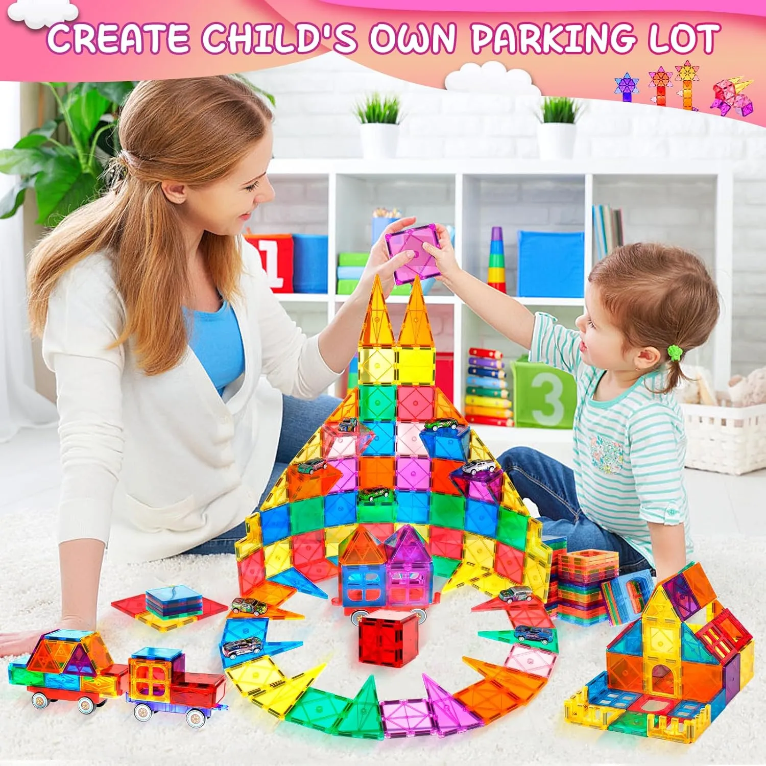 132PCS Magnetic Tiles with 2 Cars Deluxe Set, 3D Magnetic Building Blocks, Preschool Magnetic STEM Toys Sensory Educational Toys for Toddlers Kids 3 4 5 6 7 8-12, Gift for Boys Girls