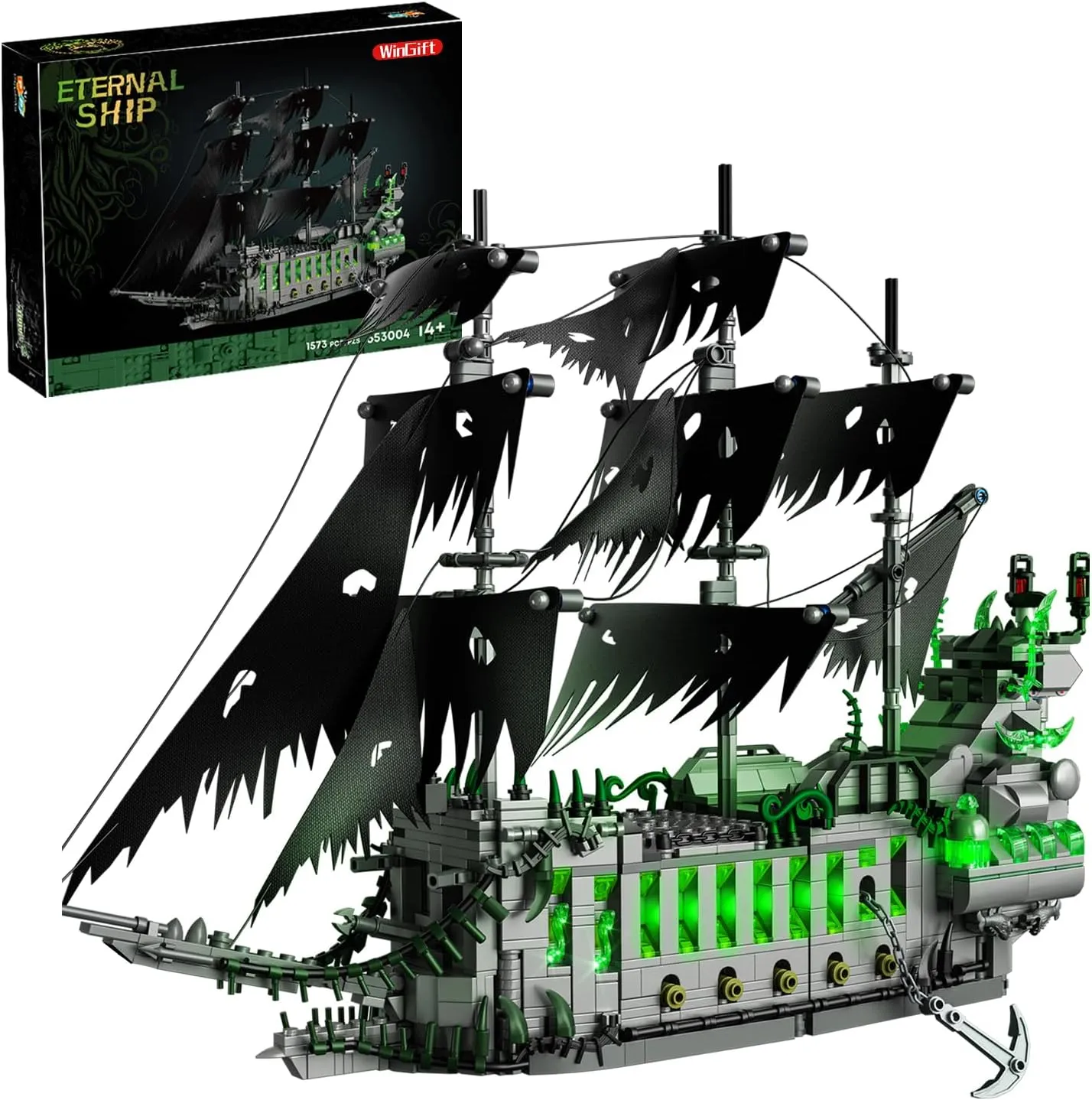 1573 Pcs Pirate Ship Building Set with LED Light,STEM Ghost Ship Flying Dutchman Building Toy,Model Boat Mini Brick Kit Home Office Decor,Halloween Easter Gift for Adults Boys Kids Ages 14 